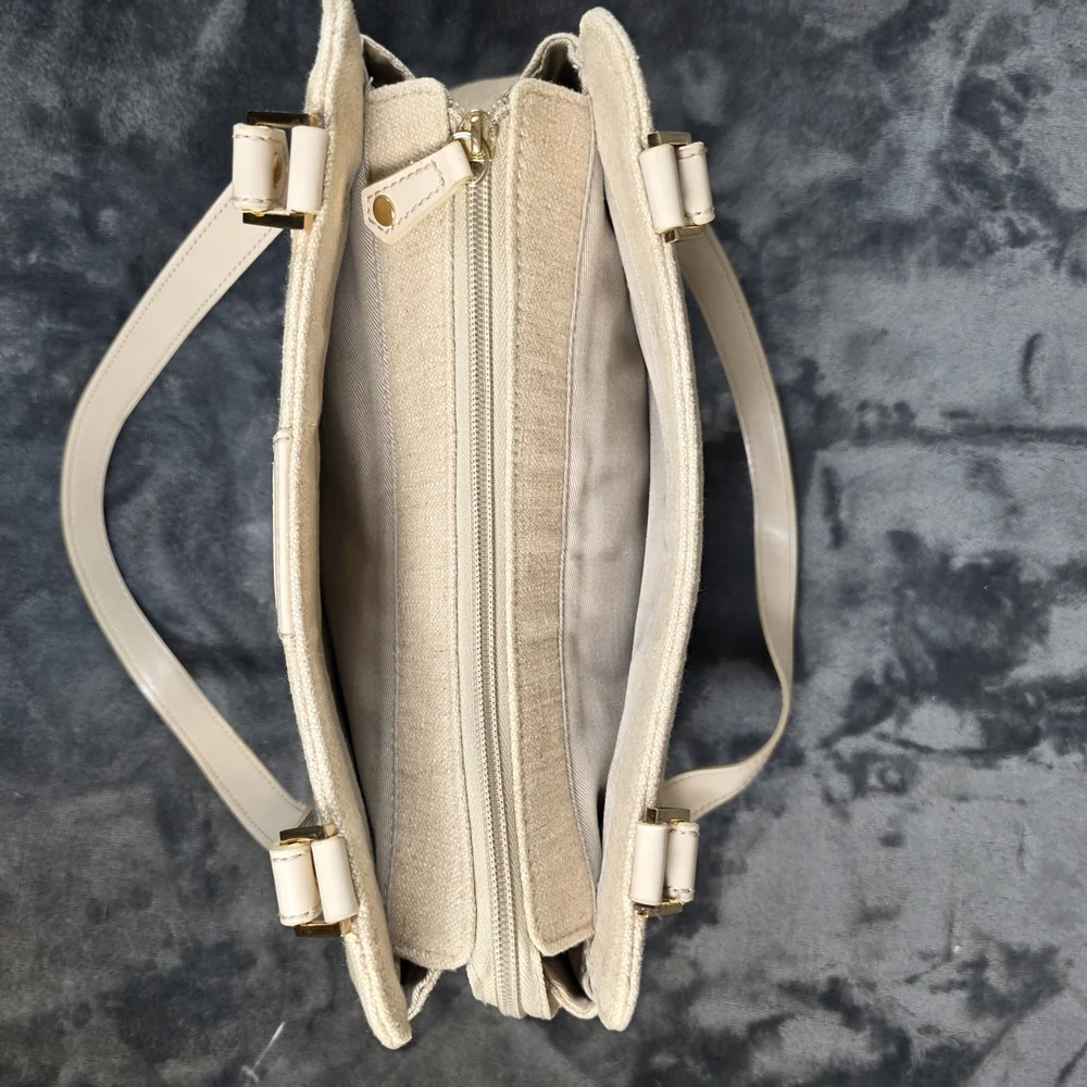 Etienne Aigner Cream and Tan Linen Shoulder Bag.